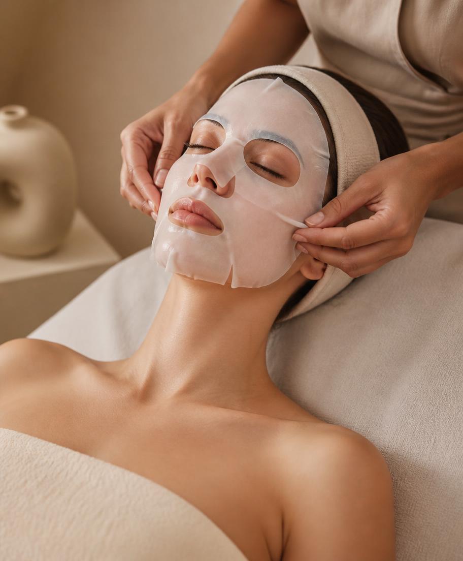 Cliente recebendo tratamento facial com máscara