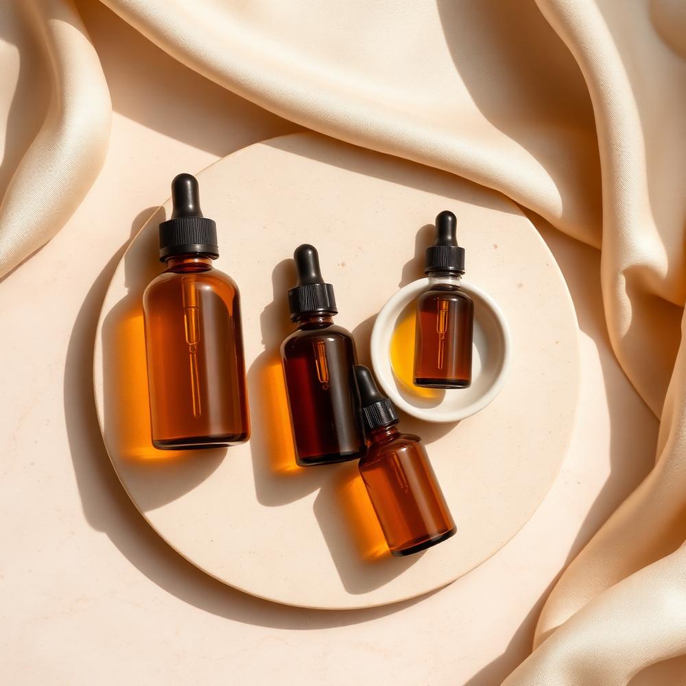 Produtos de skincare em superfície bege